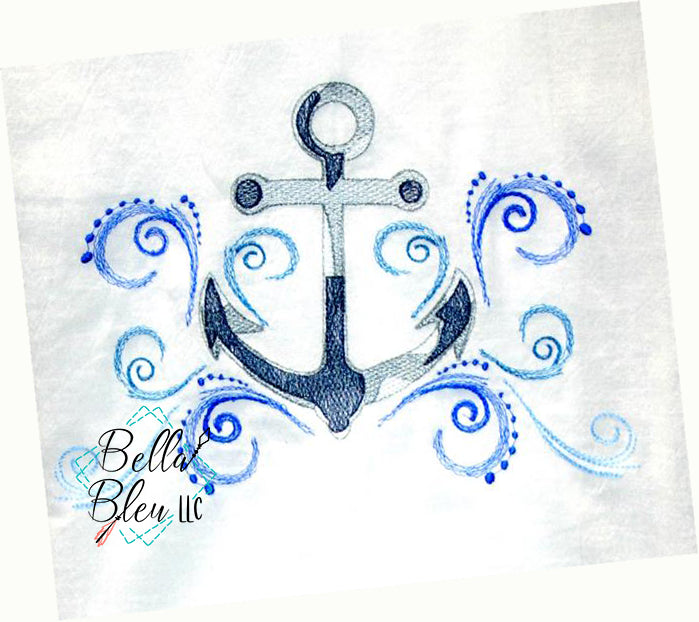 Nautical Sketchy Anchor Waves Machine Embroidery design