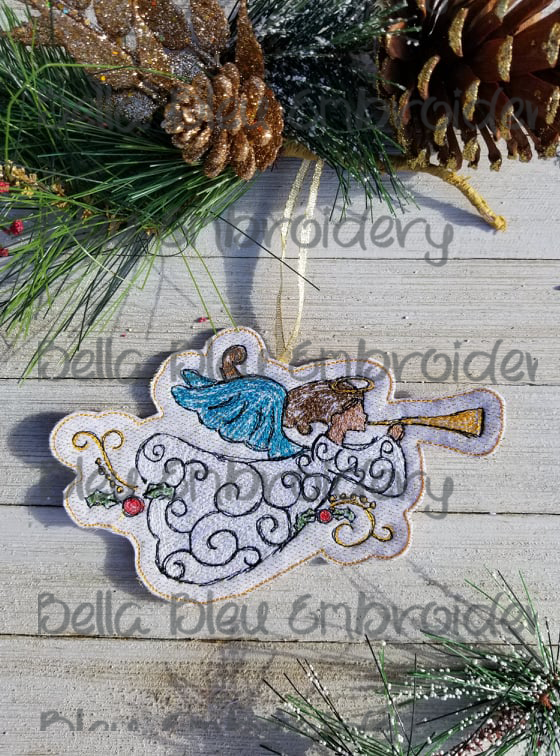 Angel with Horn Scribble ITH Christmas Ornament