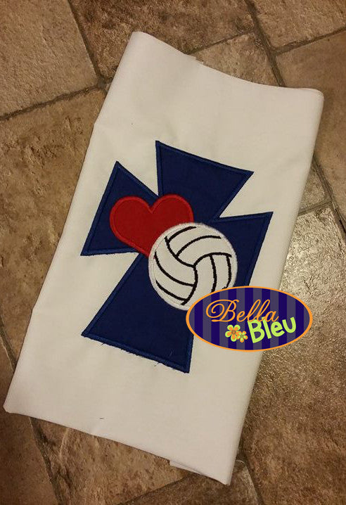 Cross Heart love Volleyball Applique Machine Embroidery Design