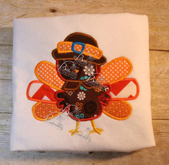 Cute Turkey Thanksgiving Machine Applique Embroidery Design with feathers and pilgrim hat