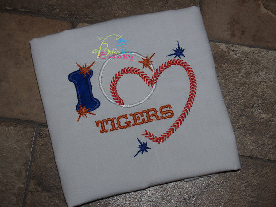 I love Baseball heart with stitches Applique Embroidery Design