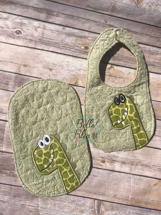 ITH In The hoop Baby Bib with T-Rex Dinosaur applique Pattern