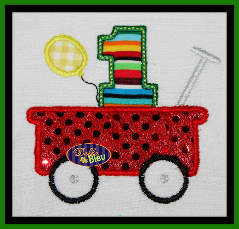 First 1st One Birthday in the little red wagon with Balloons Applique Embroidery Design